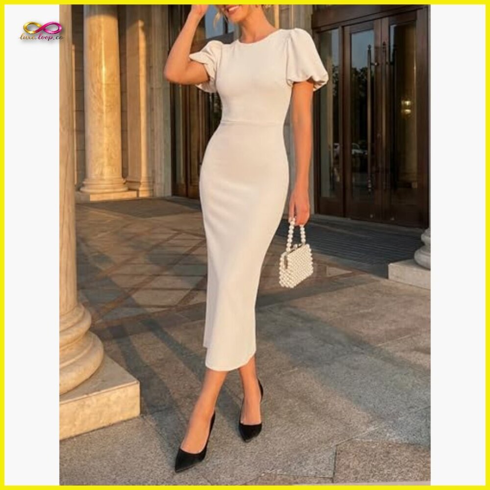 Elegant Bodycon Midi Dress Short Sleeve Formal Wedding Guest Cocktail Party - Picture 3 of 7